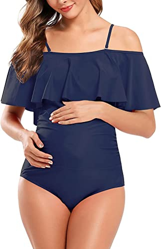 SHEKINI Maillots de bain de maternité une pièce à épaules dénudées maillot de bain à volants pour grossesse, bleu foncé, XL