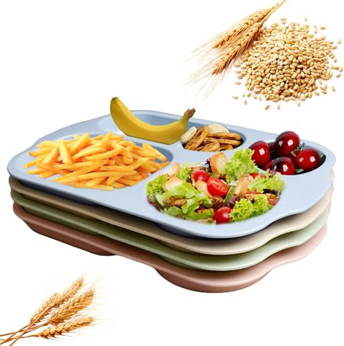 Teller Set 4er: Kinderteller mit Unterteilung 5 Fächern Geteilte Speiseteller Plastikteller Mehrweg Unzerbrechliche Plates, Erwachsene Kinder Teller Camping Teller, Mikrowellen & Spülmaschinenfest