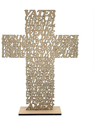 DesignByLayer Vater Unser Kreuz aus Holz mit Standfuß als Geschenk für Taufe, Hochzeit, Geburtstag, Weihnachten (Buche (dunkler), 19x14cm)