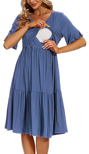 Smallshow - Vestito premaman e per l'allattamento da donna, a maniche corte, con ruches, Grigio blu, XXL