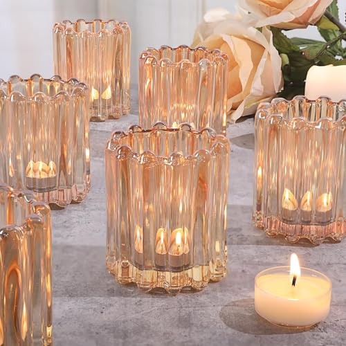 HAVITI 6pcs Votive Candle Holder, Gold Glass Large Candle Holders, Tealight Candle Holder for Fall Wedding Centerpieces Dinner Party Table Decor