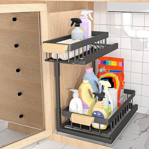 Yawinhe Organizador de Armario de Cocina, Estante Bajo el Fregadero, 2 Niveles de Metal para el Fregadero de la Cocina, para el Baño, Organización del Armario de la Casa, 1-Pack, Negro, 1 Juego
