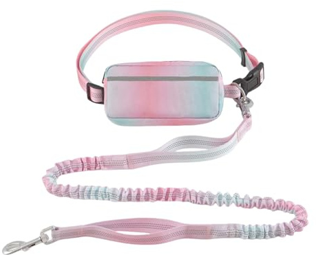 MyGiGi Hands Free Dog Leash with Zipper Pouch, Dual Handles and Durable Reflective Bungee for Walking, Jogging and Running Medium Large Dog (Pink+Cyan)
