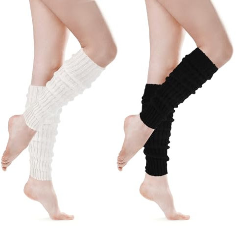 Ouligay 2 Paar Leg Warmers Damen Stulpen Gestrickte Beinwärmer, Beinstulpen Damen Frauen Mädchen Kinder, Warm und Bequem Stricken Legwarmers für Alle Jahreszeiten, Weiß Schwarz