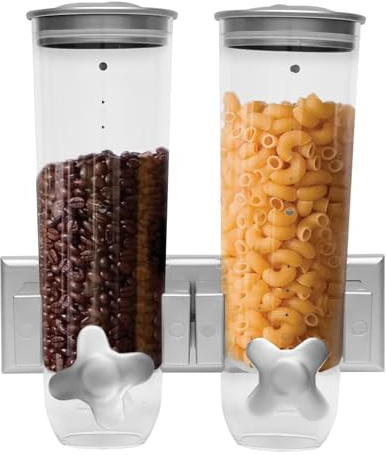 MINRS Dispensador de cereales doble de 3 litros, dispensador doble para cereales y aperitivos, 29 x 15 x 30 cm, dispensador de alimentos para cereales, frutas secas, pasta y dulces, color plateado