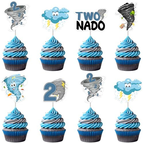 Jollyboom Two Nado Birthday Party Decorations Boy, 36pcs Two Tornado Cupcake Toppers Blue Tornado Storm Cloud Cake Decoration for Tornado Weather 2nd Birthday Party Decoration