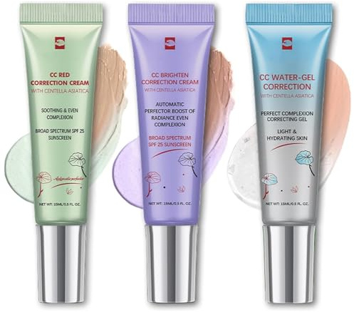 3Pcs Cc Red Correct Cream,Cc Cream Foundation,C-c Cre-am Tinted Moisturiser,C-c Cre-Am Colour Correcting,Spf 25,Colour Changing Foundation,Cover Up Blemish(Purple+Green+Transparent)