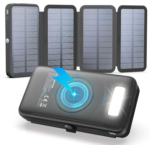Cargador-Solar-Power-Bank-27000mAh - 22,5W Carga Rápida USB-C Batería Externa Inalámbrica con 3 Salidas USB PD 4.0 QC 3.0 y 4 Paneles Solares para Smartphones Tablets (Negro)