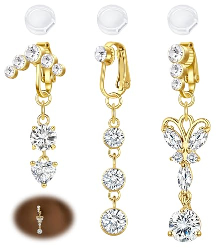 AVYRING 3 anelli finti per ombelico con clip, gioielli non piercing da donna, in acciaio chirurgico regolabile, con design estivo e zirconia cubica, argento/oro, per feste in spiaggia, Acciaio