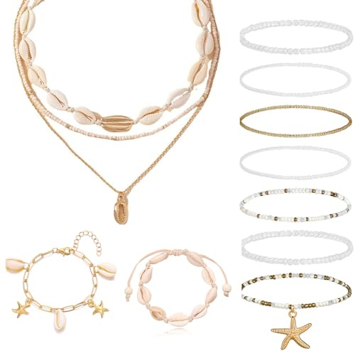 PHOGARY 12 Stück Muschelkette für Damen, Muschel Armband Armbänder Set, Boho-Perlen-Fußkettchen, Boho Muschel Schmuck, Fußbänder mit echten Kauri Muscheln, Meerjungfrau Schmuck