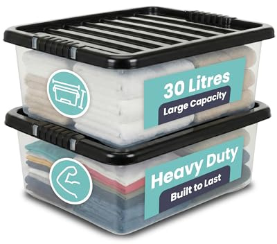 TANNESS - 2 Pack 30L Underbed Storage Boxes with Lids | Clear Plastic Storage Containers with Black Lids | Stackable Storage Boxes for Home, Office, and Kitchen Organization