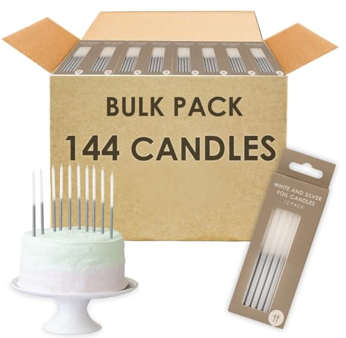 Table Fun 144 x White and Silver Birthday Candles with Holders 12cm Long & Tall Bulk Pack Cake Decorations for Birthday, Wedding, Anniversary