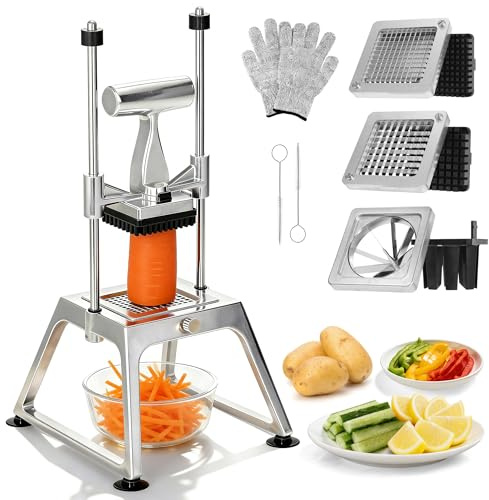POWLAB Commercial Vegetable Chopper & French Fry Cutter Stainless Steel - Includes 3 Blade (8 wedger,3/8,1/4)- Perfect for Home Kitchen or Restaurant Use - Dices, Slices & Chops Fruits and Potato