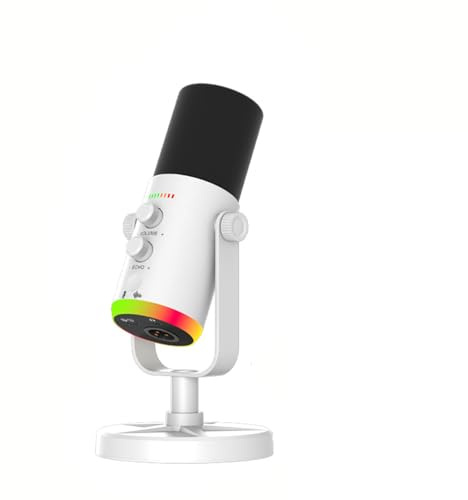 PUSOKEI USB Dynamisk Mikrofon, Kardioid Kondensatormikrofon med Stativ, ENC Brusreducering, RGB-ljus, Volymjustering, Pekskärm och Rattkontroll, för Inspelning, Spel (Vit)