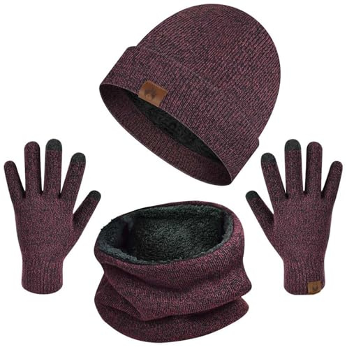 Yuson Girl Conjunto Set de Bufanda Gorro y Guantes de Punto Calentar Beanie Sombrero Gorras y Bufanda Tubular Cuello Suave Invierno para Hombre Mujer Corriendo Bici Excursionismo Deportes(Rojo Oscuro)