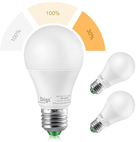 Elrigs E27 LED Lampe, Dimmen ohne Dimmer, 3-in-1 LED Birne, 9W(6000K)-9W(3000K)-3W(2700K), Szenenwechsel, ersetzt 60W-60W-25W, 800/800/210-Lumen, 2er-Pack