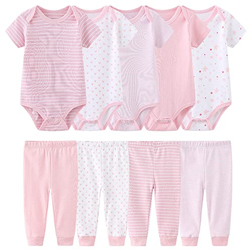 Chamie 5-pack nyfödda kortärmade bodysuits i bomull för pojkar flickor 0–12 månader, rosa 2, 6–9 månader