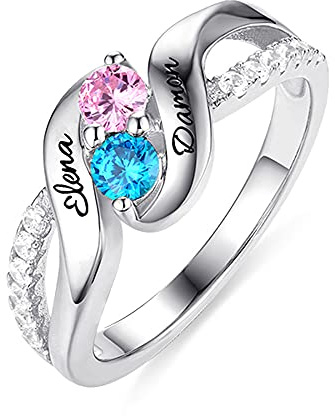 Getname Necklace Personalised Double Round Shaped Birthstones Sterling Silver 925 Promise Ring with 2 Name Engravings Wedding Band Gift Women, Yellow,Silver