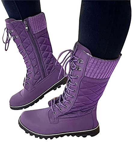 Onsoyours Damen Schneestiefel Warm gefütterte Winterstiefel Flacher Absatz Seitlicher Reißverschluss Rundkopf Halblange Stiefel Frauen Wasserdicht Wollstiefel Schneeboots A Violett 38 EU