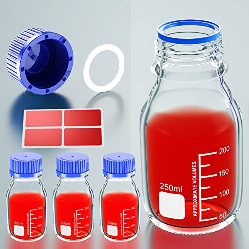 GL25 25 ml GL32 50 ml GL45 100 ml 250 ml 500 ml 1000 ml botellas redondas de almacenamiento de medios botellas de vidrio con GL45 tapón de rosca azul(250ml 4pcs)