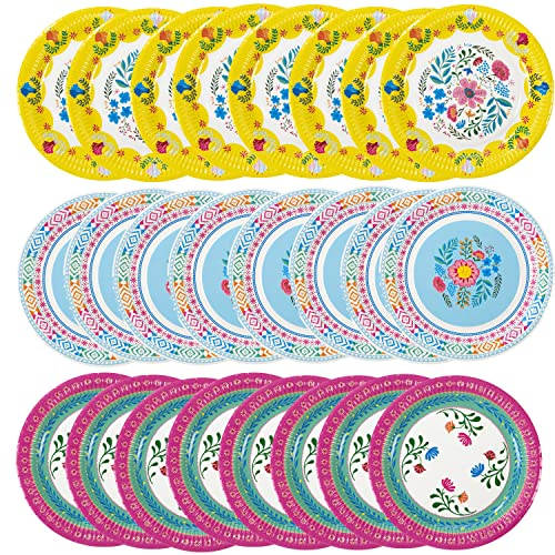 Talking Tables Platos de papel florales de colores bohemios, paquete de 24 vajilla desechable para decoración de fiesta de cumpleaños de niños, temática hawaiana, picnic de verano, barbacoa, 23 cm,