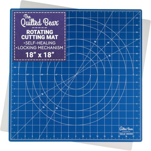 The Quilted Bear 18 x 18 Rotating Self-Healing Cutting Mat, Blue | Square Mat, 360° Rotation, Locking Mechanism, 5-Layer Surface, Non-Slip Base, Clear Inch Grid & Angle Guides for Quilting