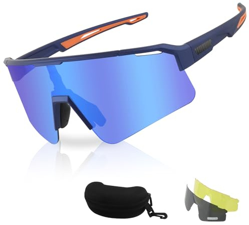 FOCUHUNTER Occhiali da sole fashion per donne e uomini, set con 3 lenti intercambiabili – Lenti polarizzate nero, giallo, arcobaleno – Con custodia rigida (lente arcobaleno blu)