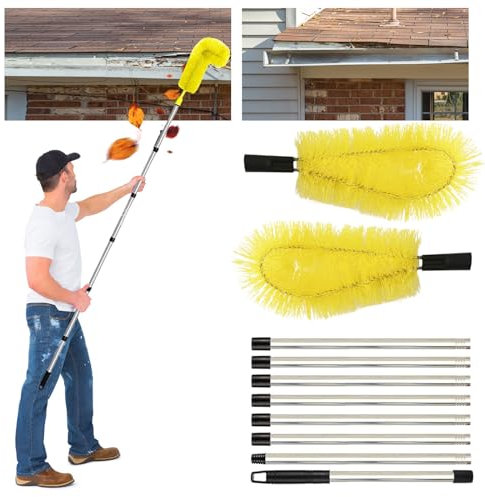 Longzhuo Gutter Cleaning Brush - 3.1m/10.1Ft 8-Section Extendable Telescopic Poles Roof & Window Cleaner Tool, Hard & Soft Dual Bristle Heads for Leaves, Debris, Moss, Spider Webs (Yellow)