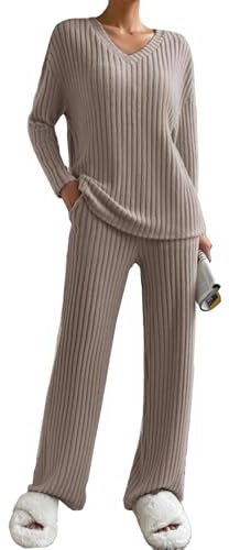 JENJON Donna Completo Tuta 2 Pezzi Completo a Maniche Lunghe Maglia Comode Pantaloni Dritti con Scollo a V Tuta Autunno Inverno