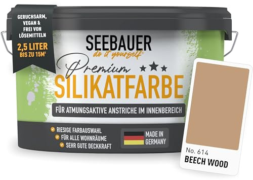 SEEBAUER diy Silikatfarbe Hellbraun 2,5L für Innen (No. 614 Beech Wood) Atmungsaktive Mineralfarbe für Allergiker - Abwaschbare Wandfarbe - Brauntöne hohe Deckkraft