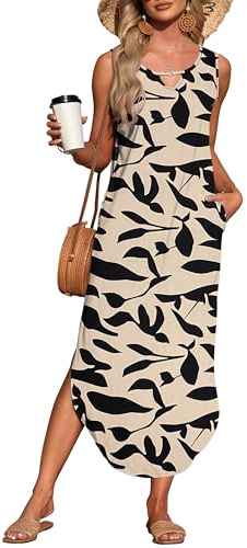 AUSELILY Summer Maxi Dresses for Women UK Sleeveless Halter Loose Beach Ladies Split Dresses with Pockets Apricot Black Leaf M