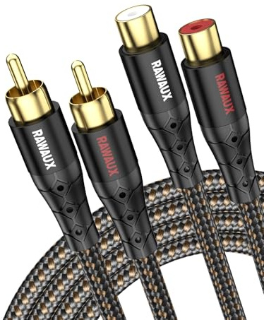 RAWAUX Stereo 2 RCA-ljudkabel 2RCA hane till hona guldpläterad bomullspläterad förlängningsadapter för högtalare, förstärkare, hemmabio, TV (2 RCA-förlängare, 1M)