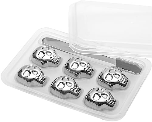 EnMart 6 Hielos de acero inoxidable en forma de cráneo, Piedras refrigerantes reutilizables para whisky, Incremente su placer de beber, Regalo ideal para los amantes del vino