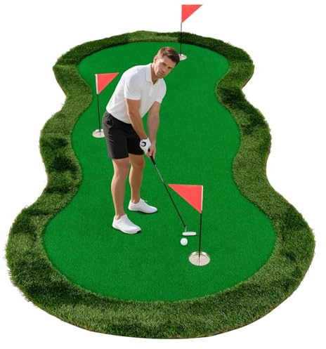 GYMAX Tapis d'Entraînement de Golf, 300 X 150 CM, avec 3 Trous, Coupes & Drapeaux, Set Tapis de Putting de Golf Intérieur & Extérieur, Green de Putting pour Domicile, Bureau, Jardin