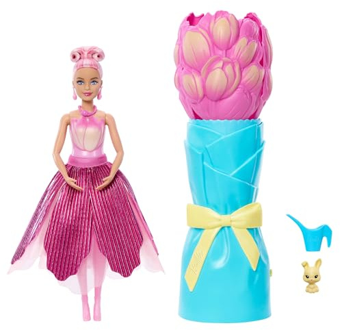 Barbie Petal Pop, bambola profumata con abito tulipano rosa e accessori, sorpresa bouquet con coniglietto e accessori come annaffiatoio, collana e orecchini, JMF57