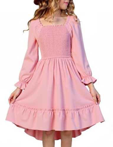 SEAUR Vestito da Ragazza con Volant a Maniche Lunghe, Vestito A Line per Bambine con Collo Quadrato per 3-14 Anni, rosa, 9-10 Anni