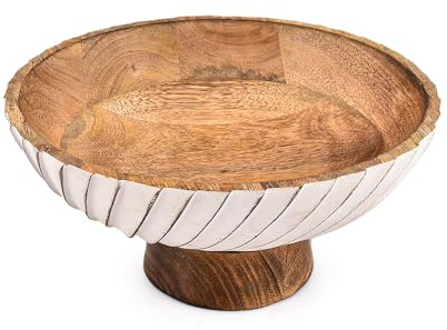 Samhita Cuenco decorativo rústico para reuniones de madera de mango costero, acabado en pedestal y cuenco interior con carcasa exterior lavada en blanco, decoración tallada a mano (10 x 10 x 4,75)