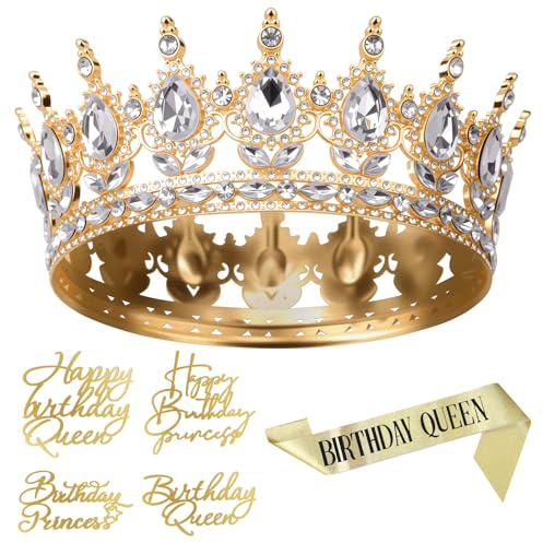 Corona per donne e ragazze, corona di cristallo di compleanno per torta, decorazione torta principessa corona regina oro con 4 topper e fascia di compleanno per feste di compleanno, balli e matrimoni