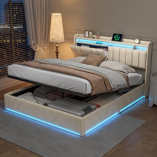 KRYZOR Cama Matrimonio Cama 140x200 cm con USB y Iluminación LED, Camas matrimoniales con Almacenamiento Hidráulico, Cama tapizada con Somier de Láminas, Terciopelo, Weiß