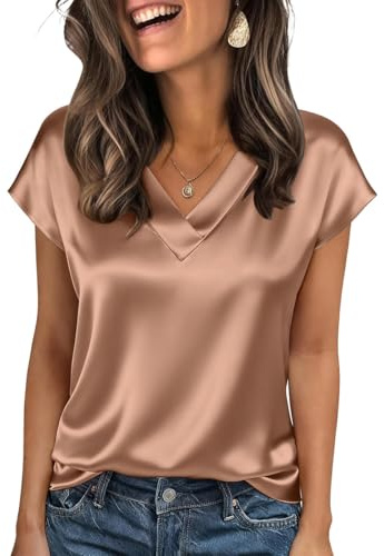 Onsoyours Camicia da Donna Elegante in Raso di Seta Camicetta a Maniche Corte con Scollo a V Blusa Basic Tinta Unita Tops A Marronechiaro S