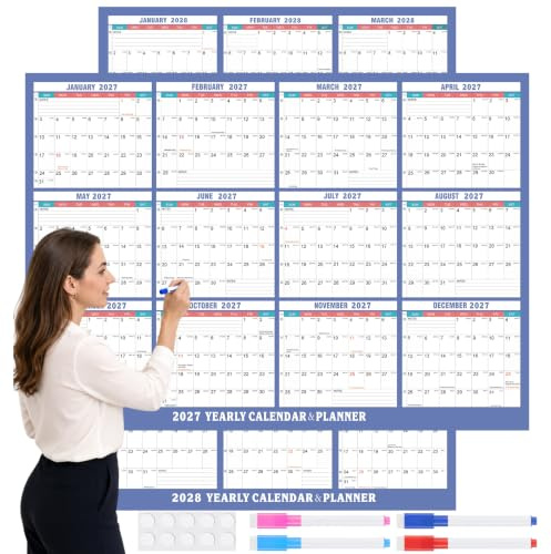 Calendrier Mural 2027-2028 (86x61cm) – Planificateur Annuel Effaçable pour 2 Ans – Inclut 10 Autocollants Double-Face & 4 Stylos – Calendrier Familial pour Maison & Bureau