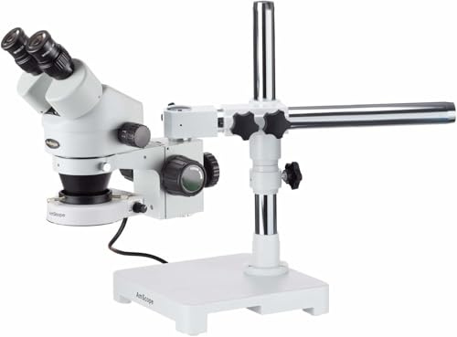AmScope SM-3B-80S Professional Binocular Stereo Zoom Microscope, WH10x Eyepieces, 7X-45X Magnification, 0.7X-4.5X Zoom Objective, 80-Bulb LED Ring Light, Single-Arm Boom Stand, 90V-265V