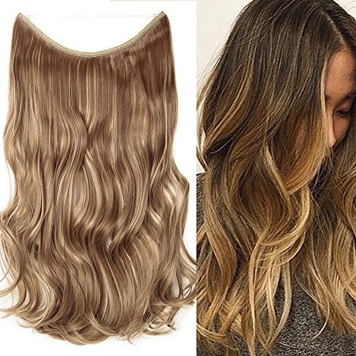 20(50cm) Extensiones de Cabello Natural con Hilo Invisible Sin Clip Pelo Sintético Una Pieza Rizada Onduada Postizos Pelucas (90g,Marrón Claro mezcla Rubio Ceniza)