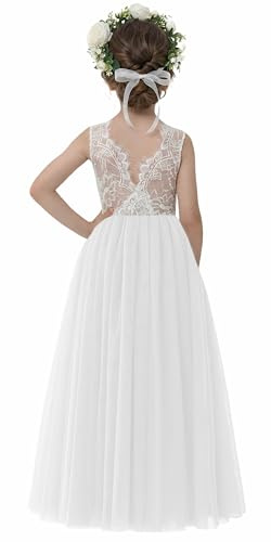 2Bunnies Girl Rose Lace Back A-Line Straight Tutu Tulle Party Flower Girl Dresses (White Sleeveless Maxi, 6)