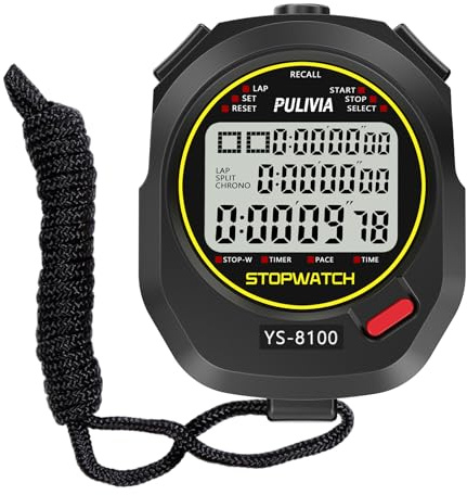 PULIVIA Cronómetro Deportivo, Cronómetro Digital 100 Vueltas/Fracciones con Regresiva, Despertador Calendario Pantalla Grande, Cronómetro para Entrenadores Carrera Entrenamiento Deportivo, Negro