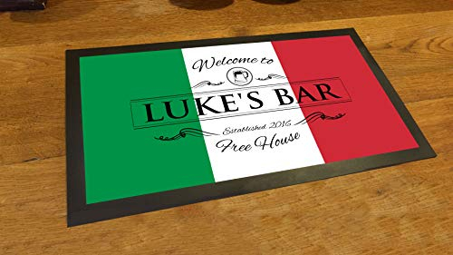 Artylicious Runner da bar con bandiera italiana, personalizzabile, tappetino da pub di benvenuto, 440 mm x 250 mm, verde, bianco, rosso