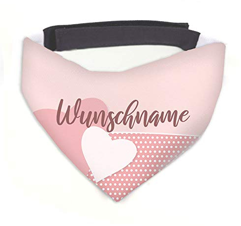 Hundehalstuch Herz rosa / weiß personalisiert inklusive Wunschname mit 12 cm Klettverschluss für kleine, mittlere und große Hunde, Hunde-Halstuch / Dreieckstuch (M = Halsumfang 38-45 cm)