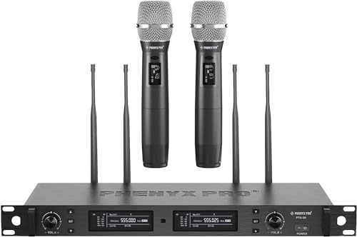 Phenyx Sistema de microfonía inalámbrica Profesional, micrófono inalámbrico Doble Diversidad Real, de Mano UHF con búsqueda automática, 2x1000 Canales, 328 pies para Escenario y Estudio (PTU-2U)