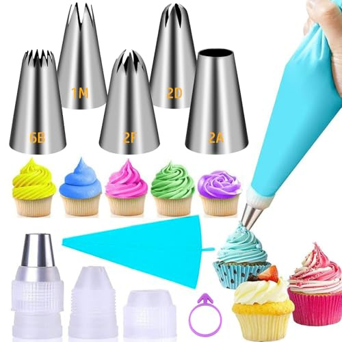 Suuker Large Piping Tips Set, Seamless Stainless Steel Cake Decorating Tips, Pastry Tips and Piping Bags, Frosting Icing Tips for Baking Cupcakes, Cake, Cookie (1M 2D 2F 6B 2A)