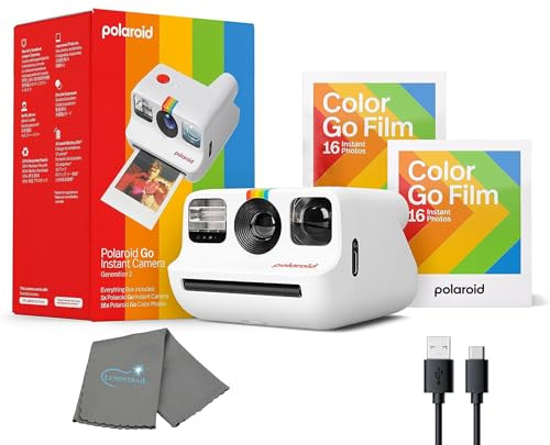 Lumintrail Polaroid Go Instant Mini Camera Startset, Vit Instant Camera med 32 Polaroid Go Color Instant Film Bundle, med en rengöringsduk för objektiv